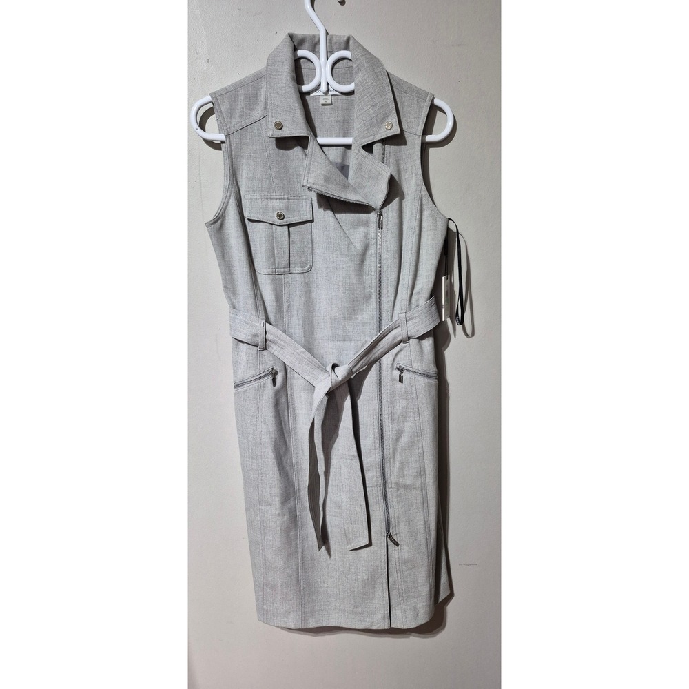 Calvin Klein Grey Sleeveless Moto Sheath Dress Belted Asymmetric Zip Size 8 NEW